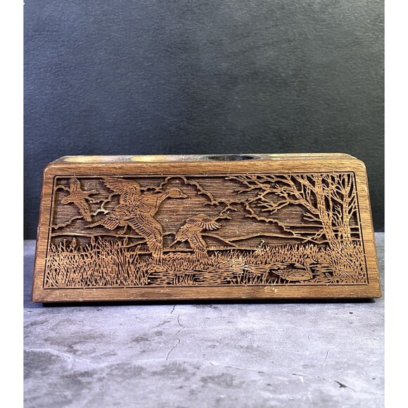 Vintage Lasercraft Engraved Wood Desk Organizer Pen Pencil Card Stand Duck Motif - Picture 2 of 7